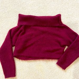Fuzzy burgundy off the shoulder crop sweater